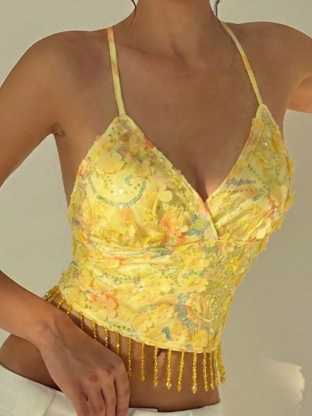 Yellow Boho Women's 3d Floral Decor Fringe Hem Camisole Top - Picture 5 of 5